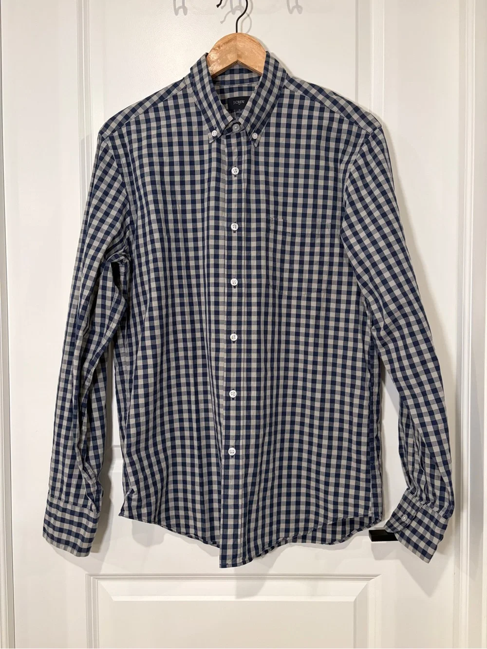 J.Crew Secret Wash Gingham Button Down Shirt Navy Blue White Slim Fit Men's M